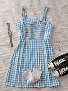 新款女式格纹可爱束腰无袖连衣裤连衣裙