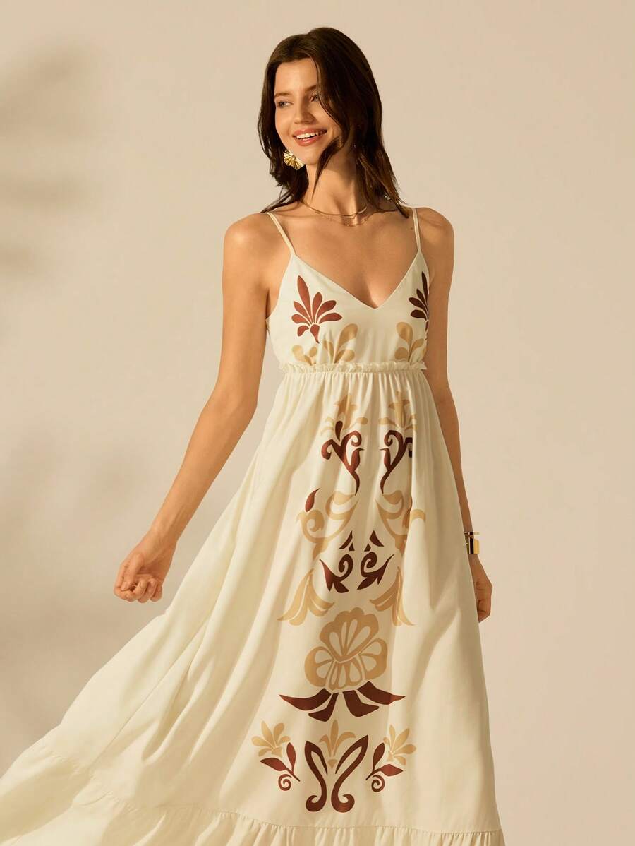 CAJUNI 女士休闲度假海滩棕色印花V领米色细肩带长款连衣裙 - 米色 - 查看 1