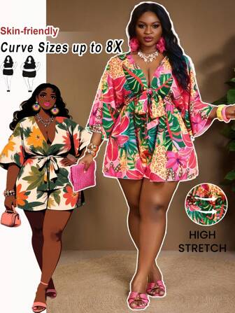 SHEIN CURVE+ 大码女式假日休闲 V 领宽松碎花连体裤（带抽绳腰带），Curve Plus，波西米亚风女士度假沙滩装/沙滩裙/沙滩度假装/沙滩必备品/毕业/茶会礼服夏季/乡村/沙滩度假装/沙滩装/沙滩装