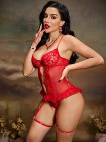 PinupGlam 2 piezas Conjunto de lencería de encaje para mujer
