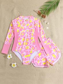 SHEIN 少女豹纹长袖连体泳衣（含短裤） - 粉色 - 查看 4
