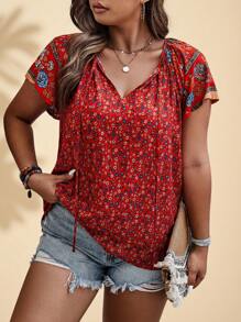 Sunserae Regular Plus Ditsy Floral Print Tie Neck Raglan Sleeve Blouse For New Year Clothes Tropical Colorblock Floral Print Boho Vacation Fashionable Style For Summer - Red - View 1