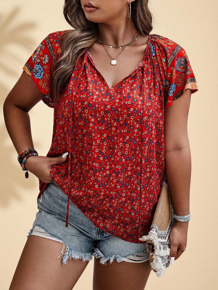 Sunserae Regular Plus Ditsy Floral Print Tie Neck Raglan Sleeve Blouse For New Year Clothes Tropical Colorblock Floral Print Boho Vacation Fashionable Style For Summer - Red - View 1