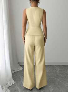 Elenzga Elegant Waist Cinched Mesh Embroidered Sleeveless Top And Pants Set, Cream Yellow, Suitable For Vacation And Commute
