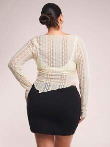 SHEIN BAE New Plus Size Women Apricot, Champagne Asymmetrical Ruched Sheer Casual/Going Out/Wedding/Graduation Crop Top,Mother's Day,4th Of July,Summer Outfits For Women,Butter Yellow,Lace Top,Mesh Top,Sexy Tops,Vacation Tops - Apricot - View 6