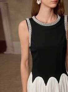 MOTF 仿珍珠串珠褶饰连衣裙 - 黑與白 - 查看 2