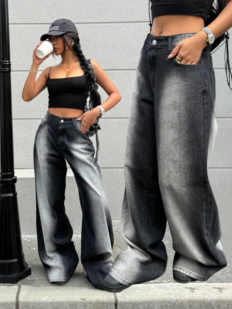 SHEIN EZwear Women's Casual Extra Long Black Denim Jeans With Zipper Details And A Stylish Two-Tone Fade