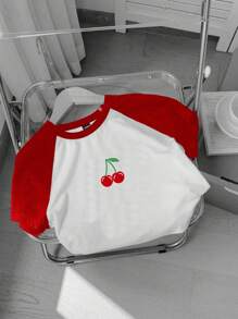 Attitoon Áo thun tay ngắn cổ tròn màu đỏ trắng giản dị, họa tiết anh đào, thích hợp cho mùa hè - Đỏ và trắng - Xem 4