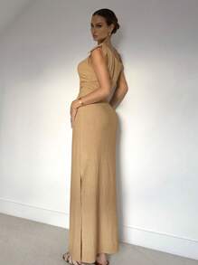 Siren Gaze 女士纯色不对称领口褶皱优雅连衣裙 - 卡其色 - 查看 2