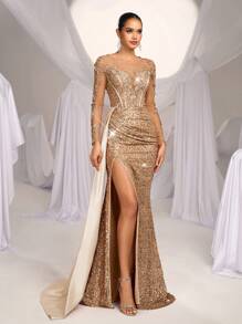 Glamrae Elegante y lujoso vestido con cola de pez, con abertura lateral, con parches de encaje, satín y lentejuelas bordadas, con volantes, adecuado para bodas, fiestas, eventos y banquetes (versión resistente), formal, vestido de noche, para invitados de boda