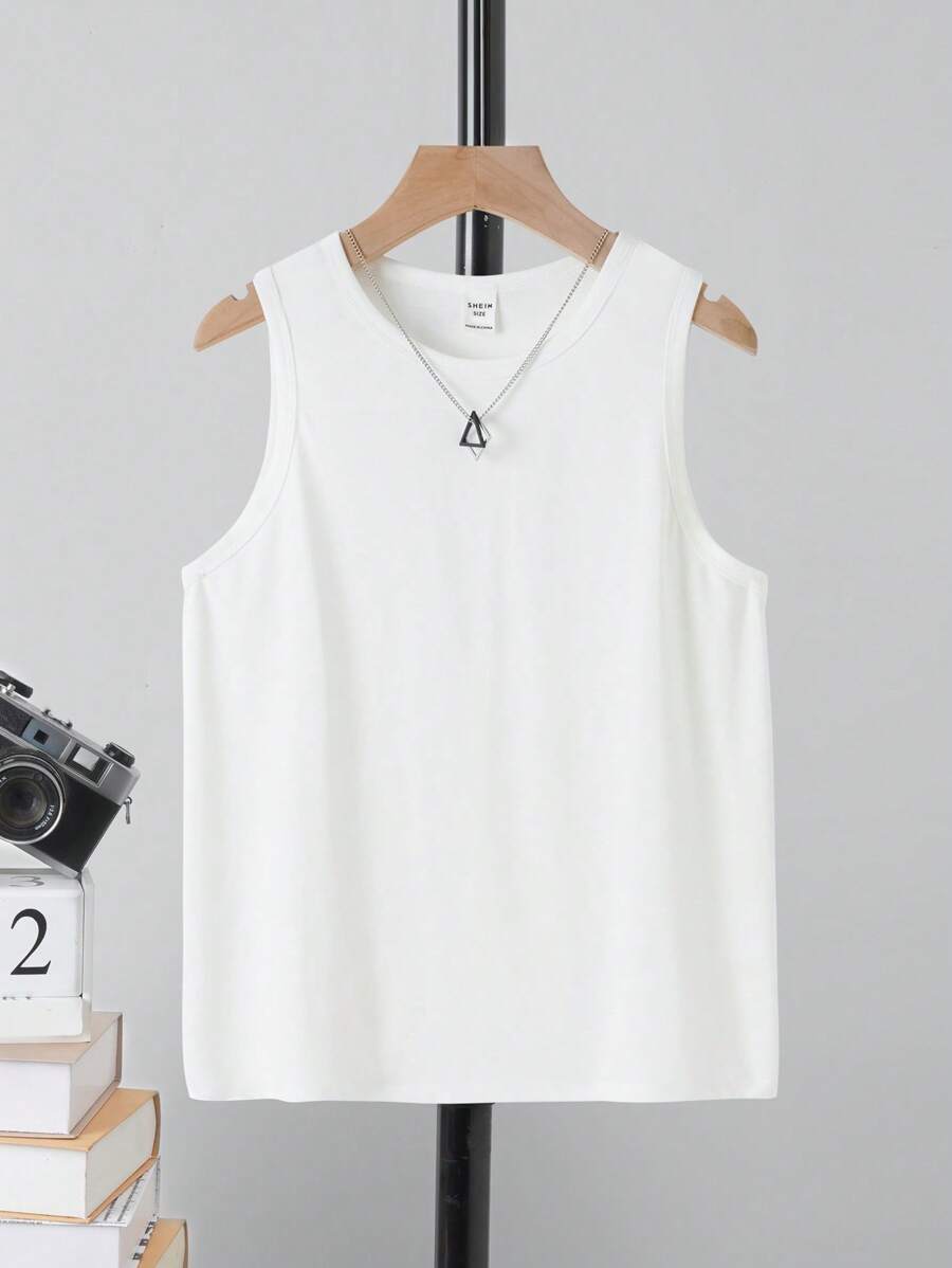 SHEIN Leap Crew Teen Boys' Casual Simple Sleeveless Tank Top, Suitable For Summer - White - View 1