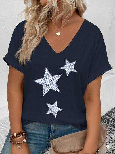 INAWLY Dam sommar V-ringad stjärntryck Casual Casual Fit Plus Size T-shirt med upprullade ärmar Grafiska T-shirts Dam Toppar