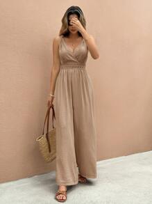 SHEIN Frenchy Women's Solid Color Overlapping V-Neck Waist Lace Splice Wide-Leg Sleeveless Jumpsuit
