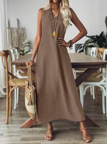 EMERY ROSE Vestido maxi suelto y cómodo de unicolor, con cuello en V y sin mangas, para mujer