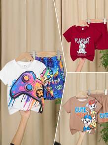 6 pièces/set T-shirt à manches courtes col rond ample avec short pour enfants garçons, style décontracté universitaire, motifs d'animaux de dessins animés confortables. Comprend 3 motifs différents, convient pour l'école, le jardin, la plage, les fêtes d'anniversaire au printemps, en été, en automne et en hiver. - Multicolore - Voir 1