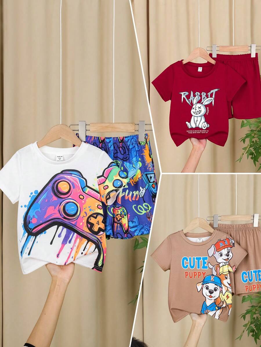 6 pièces/set T-shirt à manches courtes col rond ample avec short pour enfants garçons, style décontracté universitaire, motifs d'animaux de dessins animés confortables. Comprend 3 motifs différents, convient pour l'école, le jardin, la plage, les fêtes d'anniversaire au printemps, en été, en automne et en hiver. - Multicolore - Voir 1