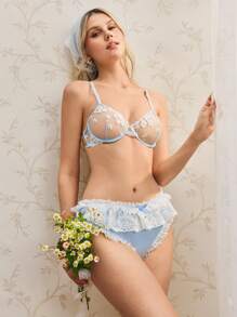 SHEIN Underwire Embroidered Floral Romantic Pastoral Style Lingerie Bra For Women Bountiful Floral Splendor - Baby Blue - View 7