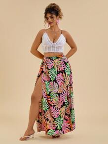 Travachic Conjunto de 2 piezas de top crop sin espalda con lazo y estampado tropical de plantas coloridas + falda larga de verano para mujer talla grande