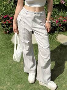 SHEIN EZwear Grey-Beige Cotton  Pocket Design Women's Straight Leg Low Waist  Pants, Fashionable & Suitable For Summer - Apricot - View 3