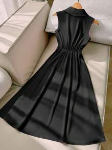 Franclia 大码女式褶领纽扣无袖连衣裙，适合约会、派对、生日、办公室穿着、度假、夏季休闲、商务休闲 - 黑色 - 查看 2