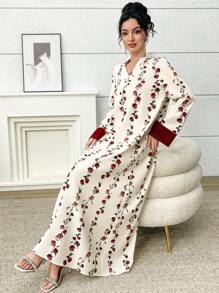 Yasmyna Women's Elegant Floral Print Notched Neck Loose Dress, Modest - Multicolor - View 2