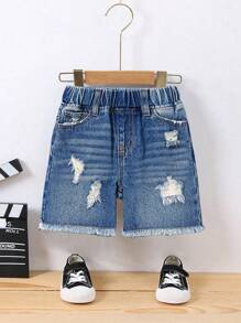 SHEIN 男童休闲时尚修身破洞宽松蓝色牛仔短裤，适合男童夏季室内/室外服装和日常穿着 - 中等水洗藍 - 查看 1