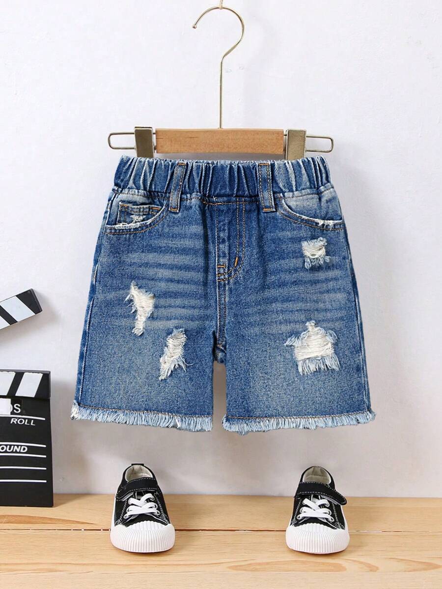 SHEIN 男童休闲时尚修身破洞宽松蓝色牛仔短裤，适合男童夏季室内/室外服装和日常穿着 - 中等水洗藍 - 查看 1