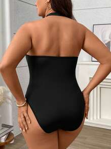 Flirla Plus Size Women Sexy & Chic Metal Decor Plunging Neck Bodysuit