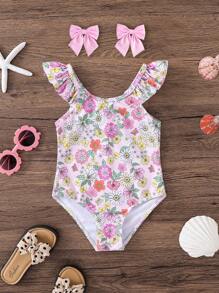 SHEIN Young Girl Ditsy Floral Ruffled Crew Neck One-Piece Swimsuit - Baby Pink - View 2