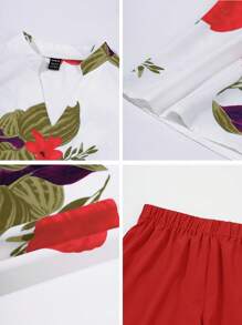 EMERY ROSE 2 件套女士休闲花卉印花 V 领无袖上衣和纯色短裤 - 紅色 - 查看 8