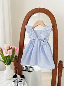 SHEIN LMoss Kids Babygirl Cute Summer Blue & White Striped Bow Ruffle Trim Loose Casual Dress - Blue and White - View 2