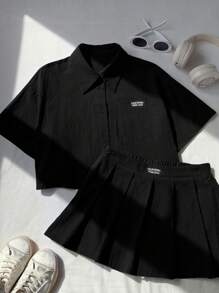 Comfortcana 女士休闲字母贴片短袖衬衫和短裤两件套，黑色，夏季 - 黑色 - 查看 6