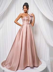 Glamrae Elegante vestido de satén brilloso con cuello asimétrico, decorado con lazo, malla hueca, lujoso bordado de cuentas y cola. Adecuado para fiestas de cumpleaños, citas, bodas, galas y eventos formales de noche. Vestido para invitados de bodas - Champán - Ver 5