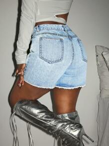 Slaydiva Damen Lässig Gerade Bein Jeans Shorts mit Strass Verzierung