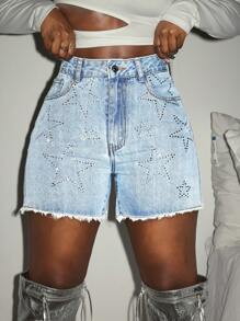 Slaydiva Damen Lässig Gerade Bein Jeans Shorts mit Strass Verzierung