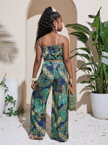 SHEIN 青春期女孩休闲碎花吊带背心和宽松裤子套装 - 藏蓝色 - 查看 3