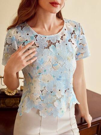 Vintamour Top court vintage et élégant pour femmes avec fleurs en dentelle et tie-dye. Décontracté, idéal pour le travail, les voyages, les vacances, l'été. Parfait pour les concerts country, les festivals et les anniversaires printaniers et estivaux.