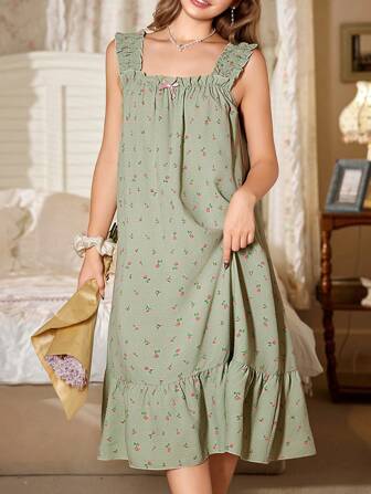 CottageSlumber Romantic Ditsy Floral Frill Square Neck Long Nightgown Babydoll Women Night Pajama Spring Dress For Women Casual Dress For Women Perfect Summer, Moo Moo Bountiful Floral Splendor Cozy And Elegant Details