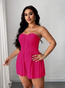 Celure Plus Size Women Elegant Romantic Strapless Ruffle Shorts Jumpsuit - Hot Pink - View 3