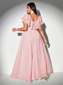 Viva Relle 大码女式优雅浪漫系带深 V 领荷叶边袖 A 字形雪纺连衣裙 - 粉色 - 查看 2