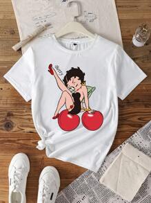Betty Boop x SHEIN 女士休闲宽松卡通图案圆领短袖T恤，适合夏季