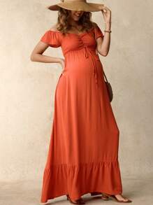 Boho Mama Bohemian Maternity Off-Shoulder Ruffled Hem Short Sleeve Solid Color Dress - Rust Brown - View 4
