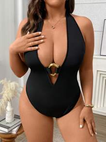 Flirla Plus Size Women Sexy & Chic Metal Decor Plunging Neck Bodysuit
