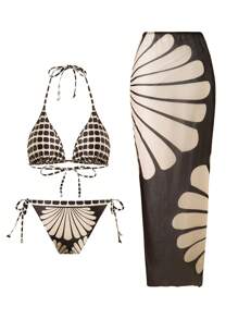 Swim Oasis 3pcs Women Summer Patterned Spaghetti Strap Maxi Dress Beach Vacation Premium Swimsuit Set - Multicolor - View 4