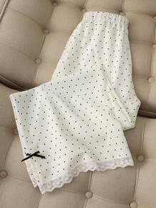 Franclia Quần ống rộng ren nơ chấm bi tương phản tối giản cho nữ - Màu be - Xem 2