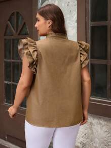 Breezaya Plus Size Solid Color Front Button Ruffle Hem Casual Short Sleeve Denim Blouse - Khaki - View 2