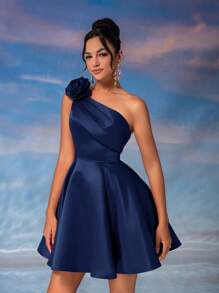 Lovelzi Elegant & Glamorous 3D Floral Asymmetrical Neck Ruffle Dress, Party Short Formal Dress, Prom Dress Blue