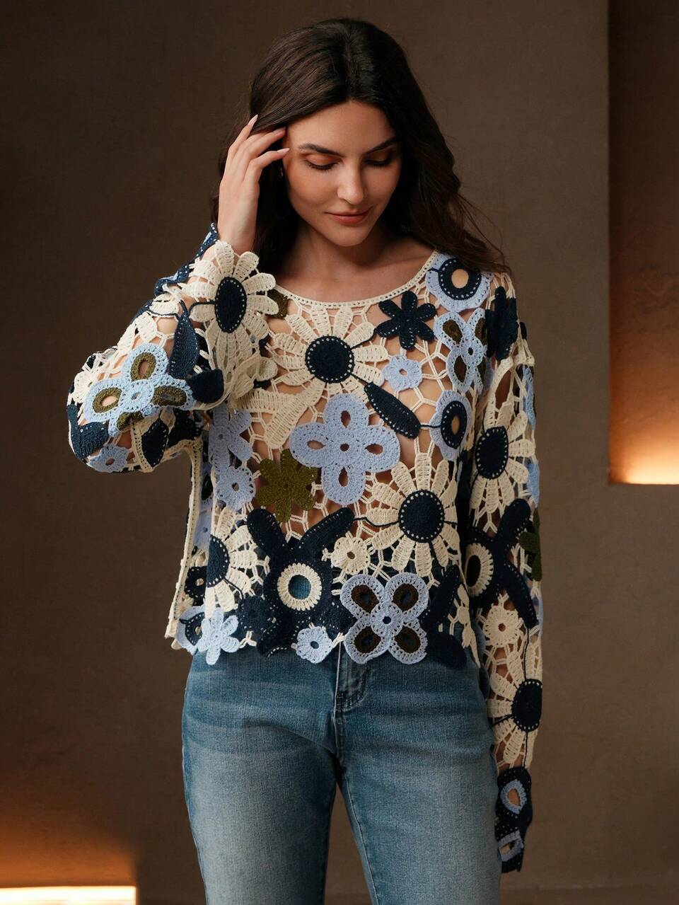 Women Flower Hollow Knitted Long Sleeve Pullover Cover Up For Summer Beach Vacation