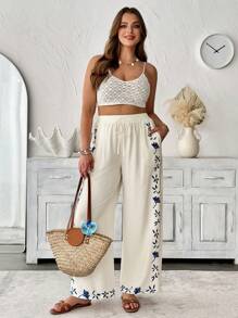 Breezaya Plus Size Women's Elegant Casual Boho Beachwear Pants,Beige Autumn Holiday Vacation Embroidered Waistband,Elastic Waist,Side Pockets Fall Cloth - White - View 3