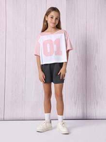 SUMWON Camiseta corta de atletismo con número de equipos deportivos, estilo porrista, ajuste suelto, parte superior de rendimiento, ropa deportiva juvenil de moda para volver a la escuela para adolescentes